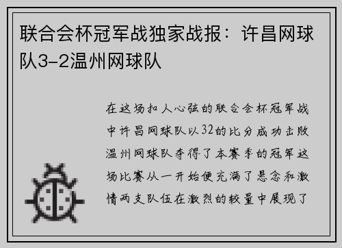 联合会杯冠军战独家战报：许昌网球队3-2温州网球队